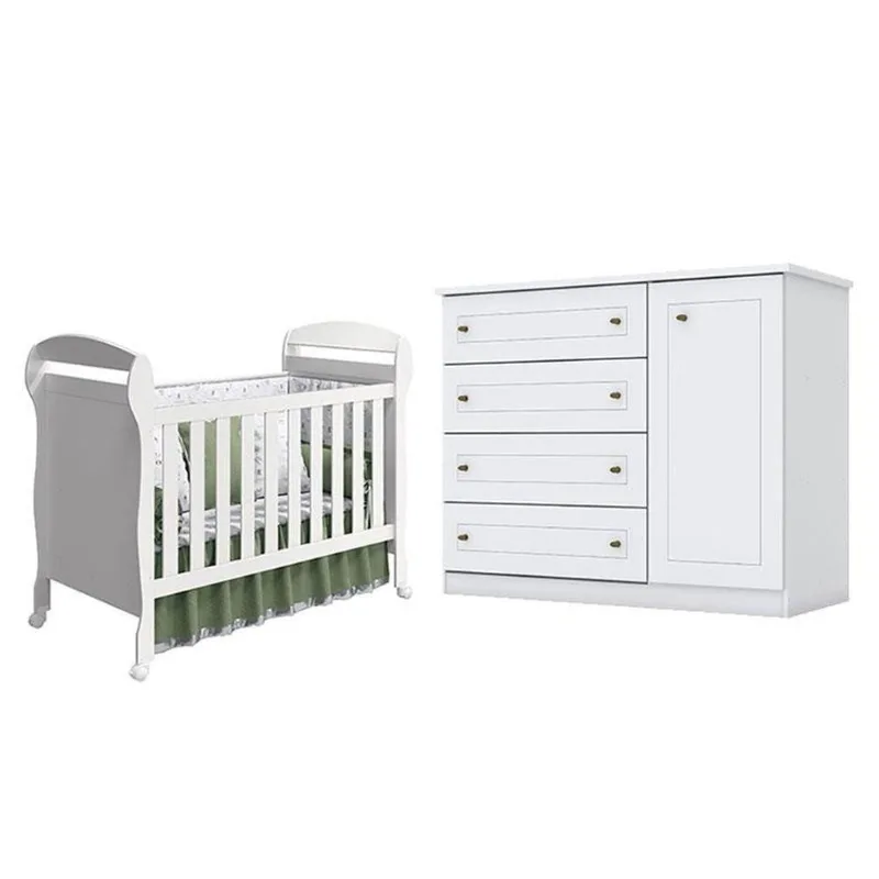 Berço Americano Danny Branco Acetinado Reller E Cômoda Infantil Americano Branco Hp - Henn.