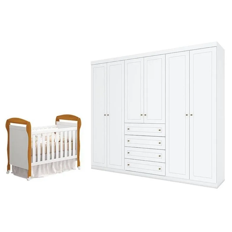 Berço Americano Danny Branco Acetinado Savana Reller E Guarda Roupa Casal Americano 6 Portas Branco Hp - Henn.