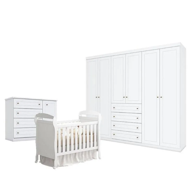 Quarto De Bebê Americano 6 Portas Com Berço Danny Branco Acetinado Reller - Henn.