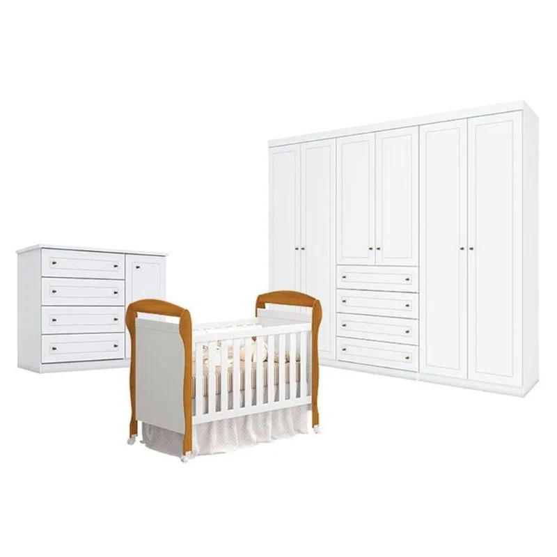 Quarto De Bebê Americano 6 Portas Com Berço Danny Branco Acetinado Savana Reller - Henn.