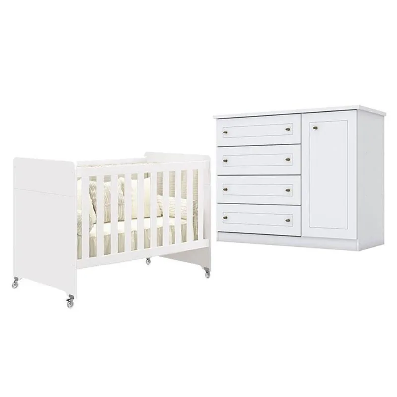 Berço Americano Evolution 4 Em 1 Branco Acetinado Reller E Cômoda Americano Branco Hp - Henn