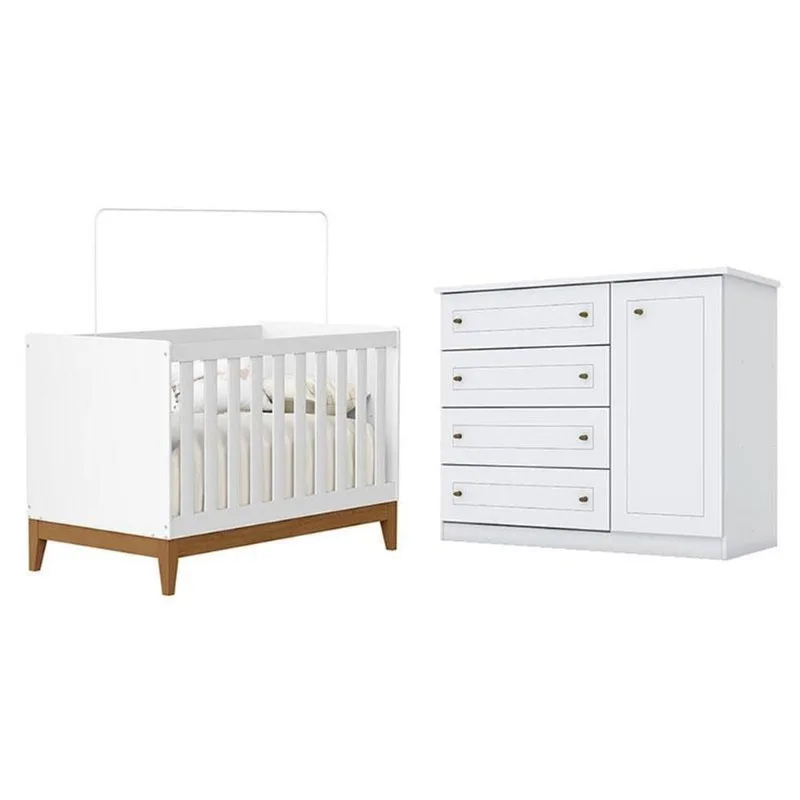 Berço Americano Flip Branco Acetinado Reller E Cômoda Infantil Americano Brando Hp - Henn