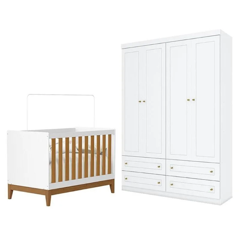 Berço Americano Flip Branco Acetinado Savana Reller E Guarda Roupa Infantil 4 Portas Branco Hp