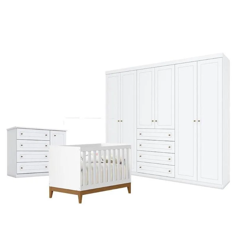 Quarto De Bebê Americano 6 Portas Com Berço Americano Flip Branco Acetinado Reller - Henn