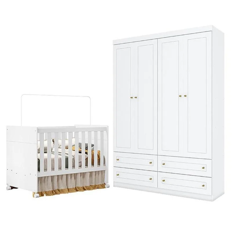 Berço Americano Katatau Branco Acetinado - Reller E Guarda Roupa Infantil Americano 4 Portas Branco Hp - Henn