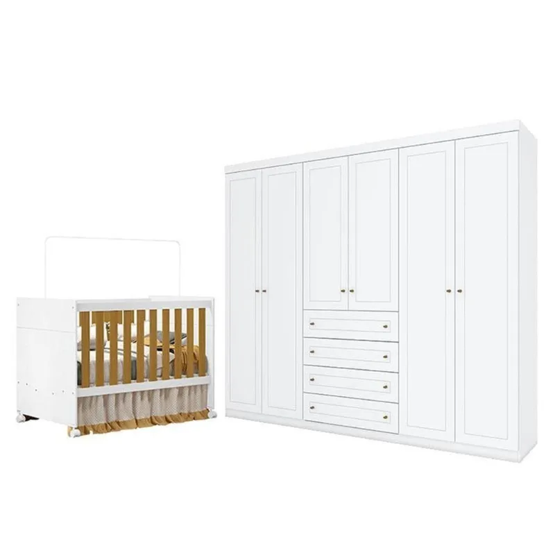 Berço Americano Katatau Branco Acetinado Savana - Reller E Guarda Roupa Casal Americano 6 Portas Branco Hp - Henn