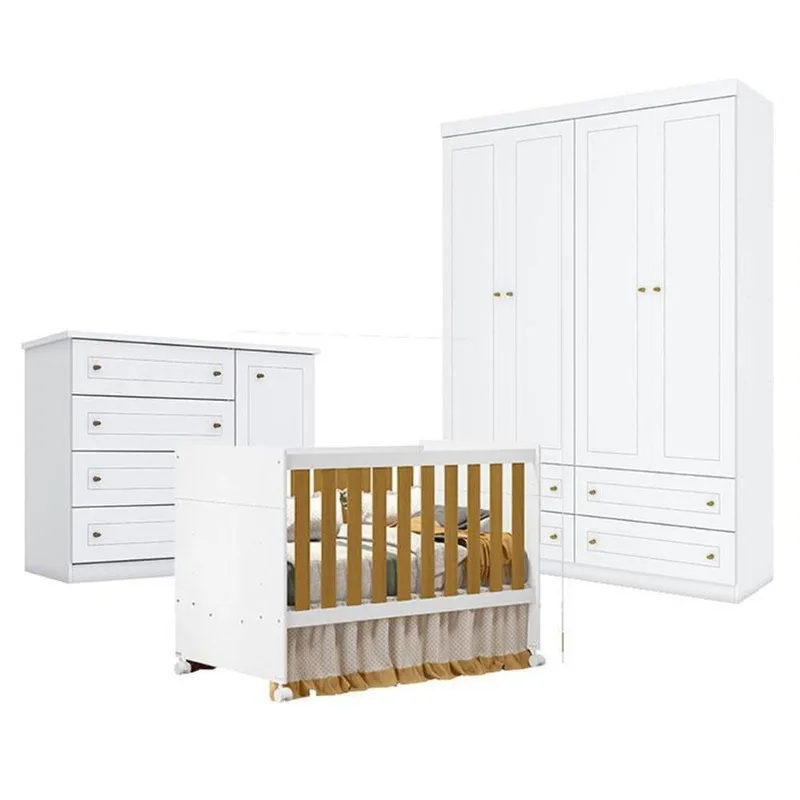 Quarto De Bebê Americano 4 Portas Com Berço Americano Katatau Branco Acetinado Savana - Reller - Henn