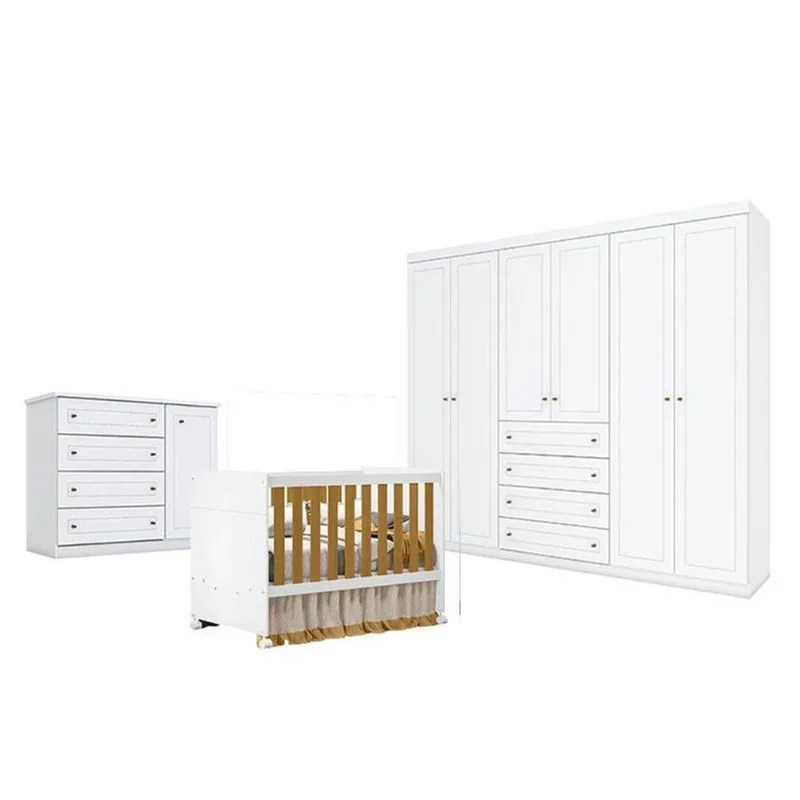 Quarto De Bebê Americano 6 Portas Com Berço Americano Katatau Branco Acetinado Savana - Reller - Henn