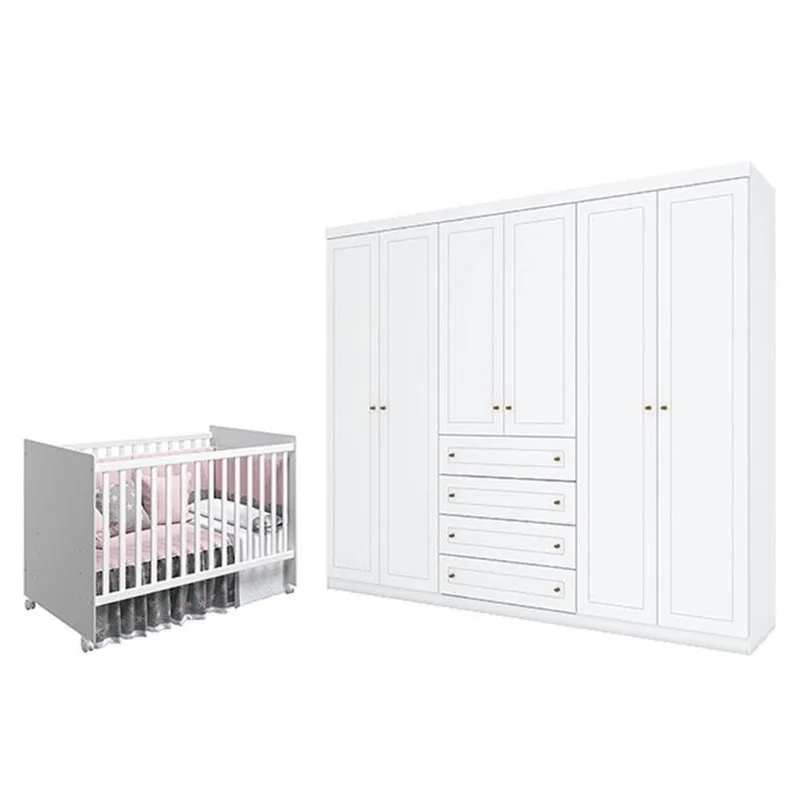 Berço Nacional Mel Branco Acetinado - Reller E Guarda Roupa Casal Americano 6 Portas Branco Hp - Henn