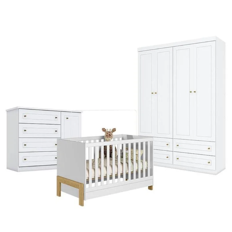 Quarto De Bebê Americano 4 Portas Com Berço Americano Mini Cama Fantasia Branco Acetinado - Qmovi - Henn