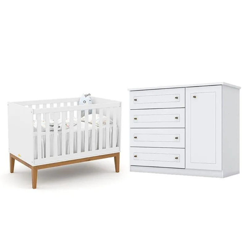 Berço Americano Unique Branco Soft Eco Wood - Matic E Cômoda Infantil Americano Branco Hp - Henn