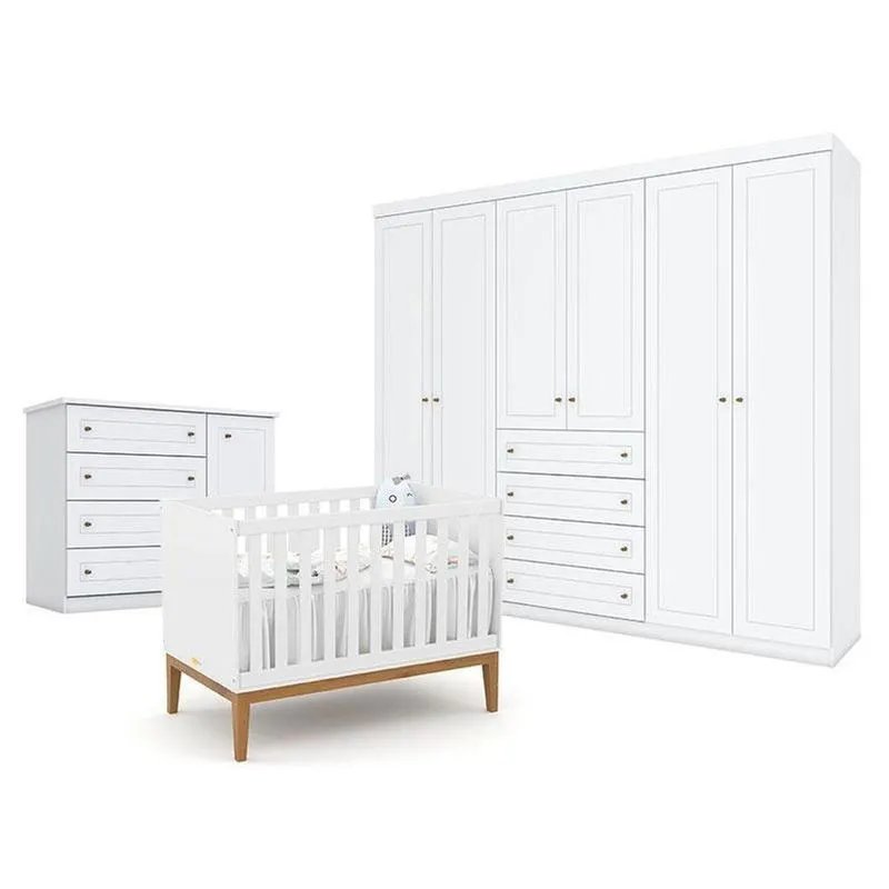 Quarto De Bebê Americano 6 Portas Comberço Americano Unique Branco Soft Eco Wood - Matic- Henn