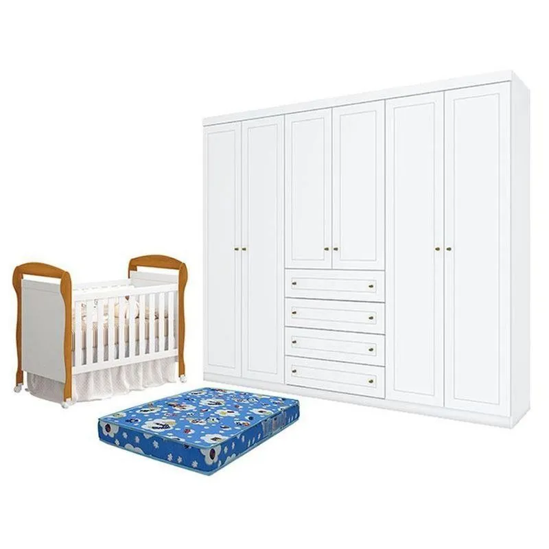 Kit Berço Americano Danny Mdf Colchão Incluso Branco Acetinado Móveis Henn