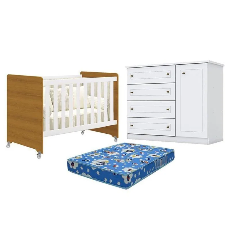 Berço Americano Evolution 4 Em 1 Branco Acetinado Savana Reller E Cômoda Americano Branco Hp E Colchão Ortobom - Henn