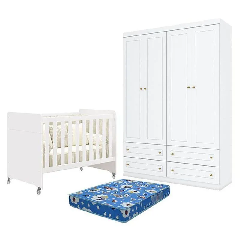 Conjunto Quarto Infantil Evolution Berço Guarda Roupa 4 Portas MDF Branco Móveis Henn