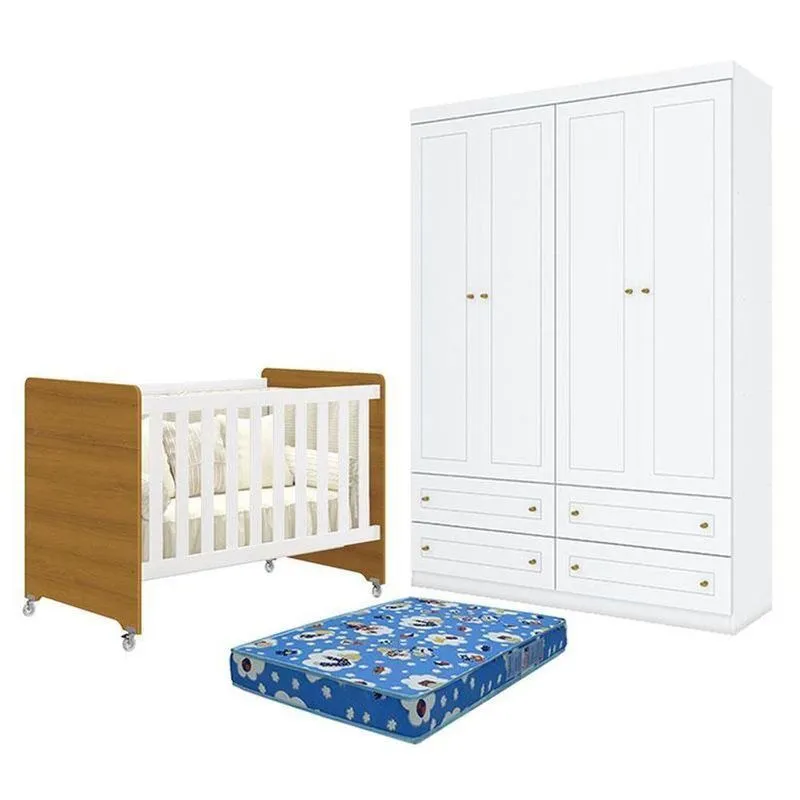 Kit Berço Americano Evolution 4 Em 1 Guarda Roupa 4 Portas Mdf Colchão Branco Henn