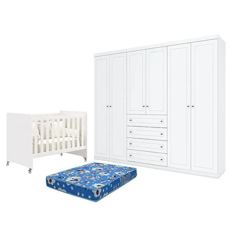 Kit Berço Americano Evolution 4 Em 1 MDF Colchão Incluso Branco Móveis Henn