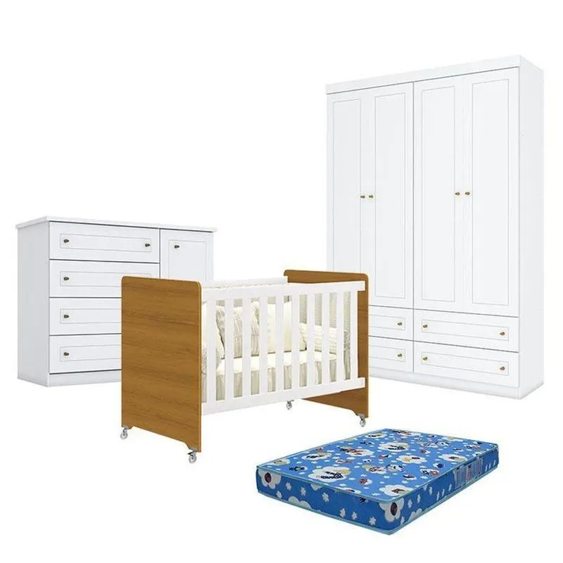 Quarto De Bebê Americano Evolution 4 Em 1 4 Portas MDP-MDF Branco Móveis Henn
