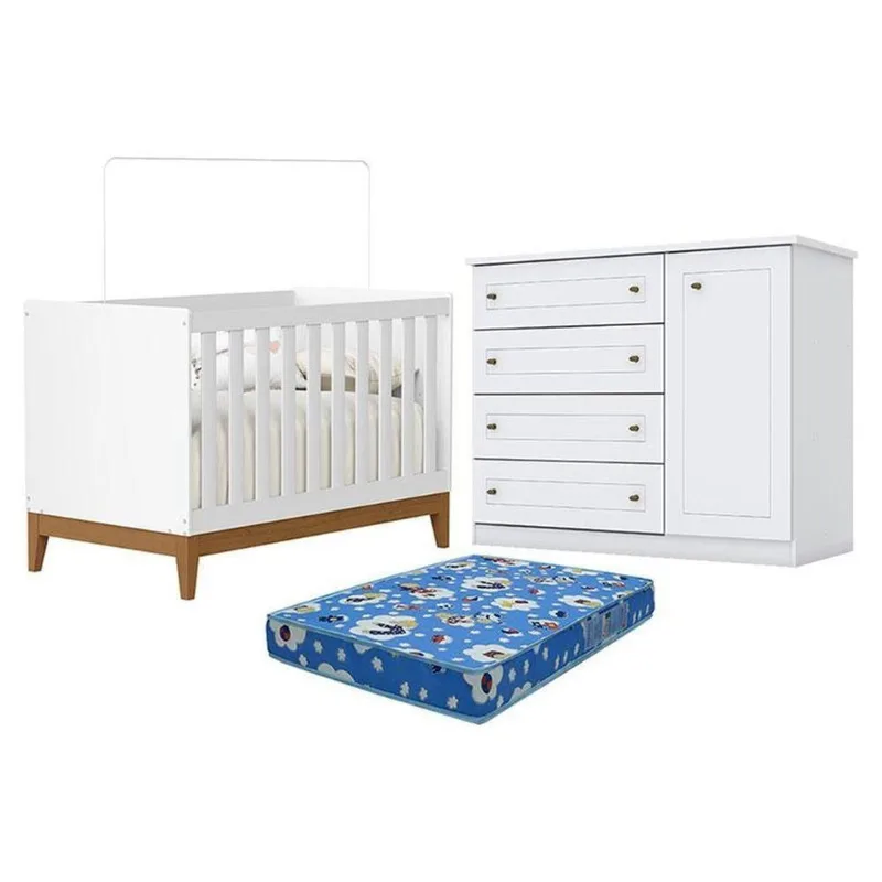 Berço Americano Flip Branco Acetinado Reller E Cômoda Infantil Americano Brando Hp E Colchão Ortobom - Henn