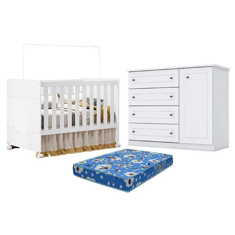 Berço Americano Katatau Branco Acetinado - Reller E Cômoda Infantil Americano Branco Hp E Colchão Ortobom - Henn