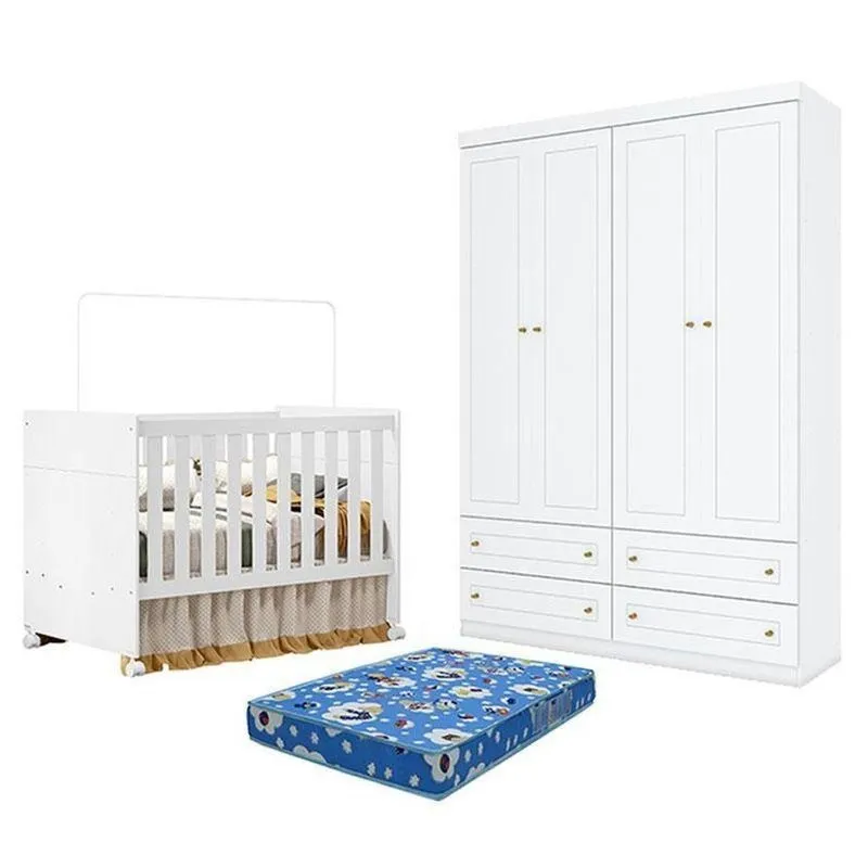 Kit Berço Americano Katatau MDF Colchão Incluso Branco Móveis Henn
