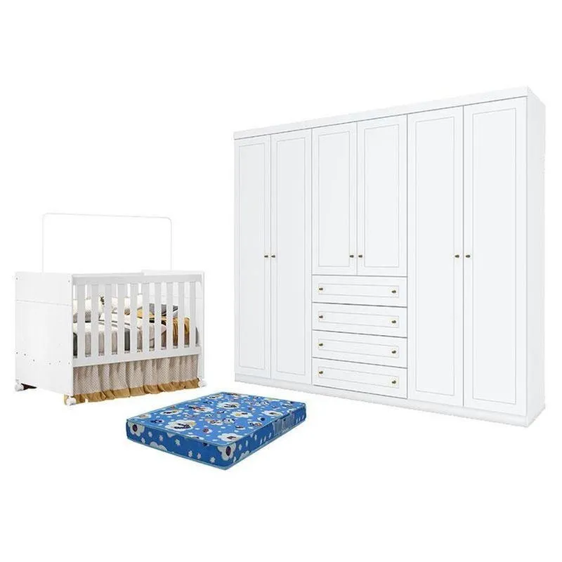 Kit Berço Guarda-roupa Katatau 6 Portas 4 Gavetas MDF Branco Móveis Henn