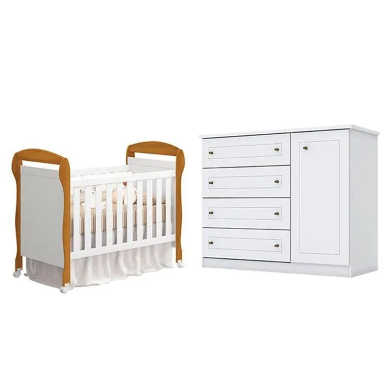 Berço Americano Danny Branco Acetinado Savana Reller E Cômoda Infantil Americana Branco Hp- Henn.