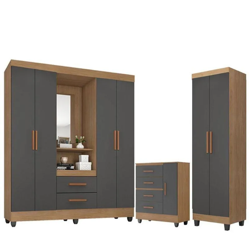 Guarda Roupa Casal Capela Com Cômoda Lite 4 Gavetas 01 Porta E Armário Multiuso Lite Nature Cinza - Móveis Leão