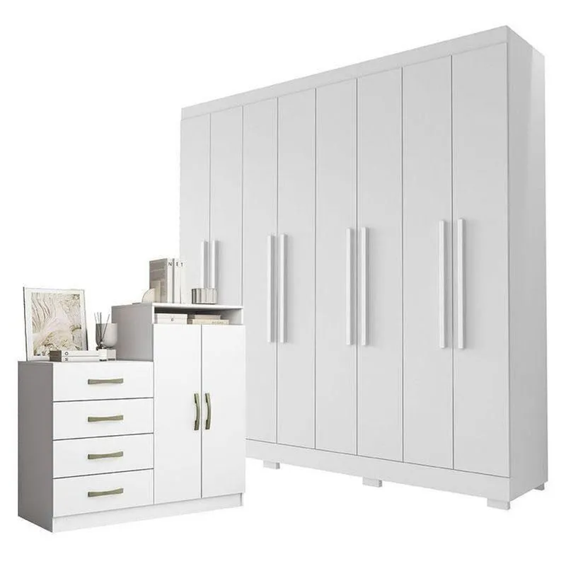 Guarda Roupa Casal Porto 8 Portas 4 Gavetas E Cômoda Sapateira Londres Branco Tx - Aramóveis