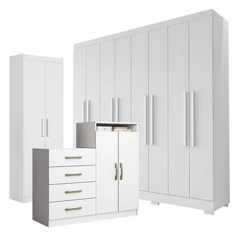 Guarda Roupa Casal Porto 8 Portas 4 Gavetas Com Cômoda Sapateira Londres E Armário Multiuso 2 Portas 2000191 Branco Tx