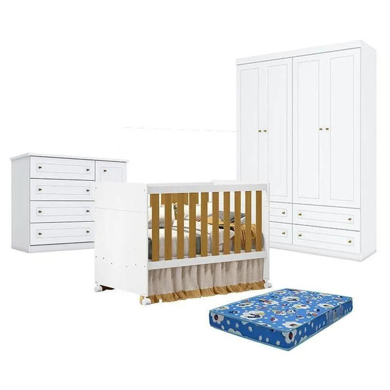 Quarto De Bebê Americano 4 Portas Comberço Americano Katatau Branco Acetinado Savana - Reller - Henn E Colchão Ortobom