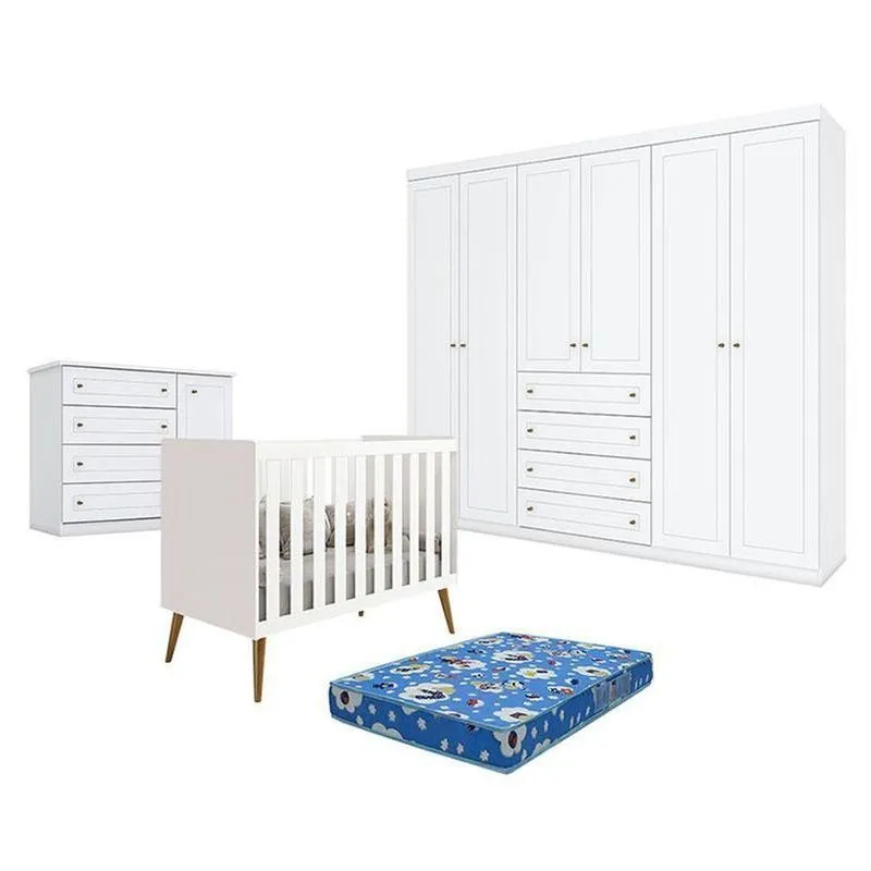 Quarto De Bebê Americano 6 Portas Comberço Americano Katatau Branco Acetinado - Reller - Henn E Colchão Ortobom