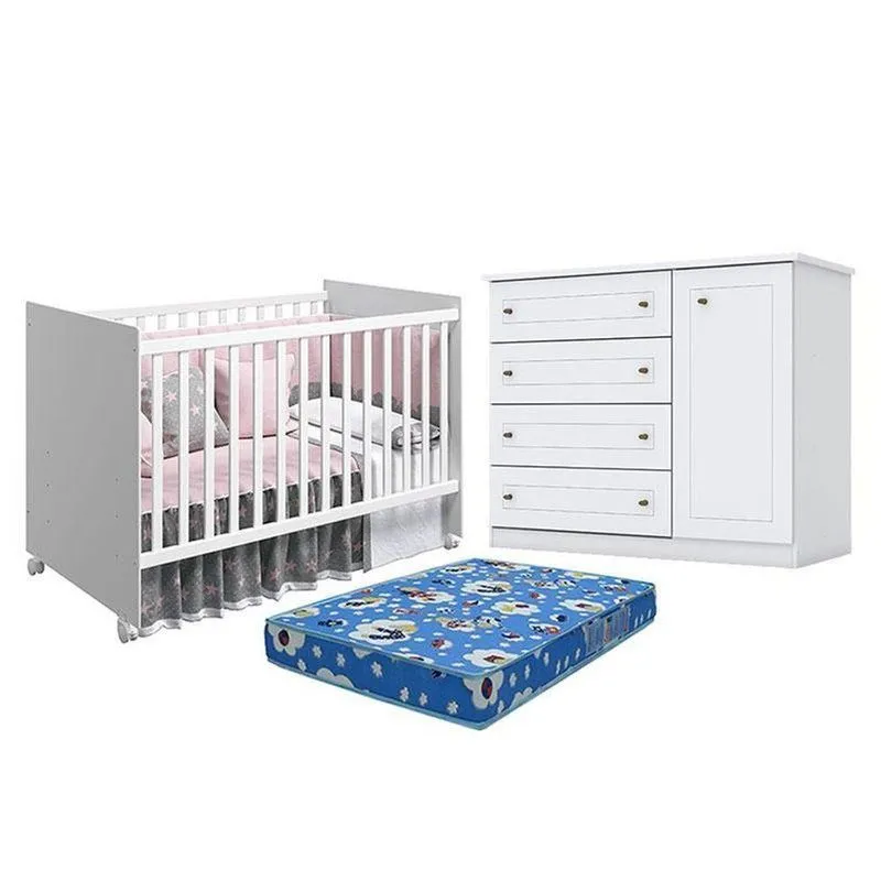 Berço Nacional Mel Branco Acetinado - Reller E Cômoda Infantil Americano Branco Hp E Colchão Ortobom - Henn