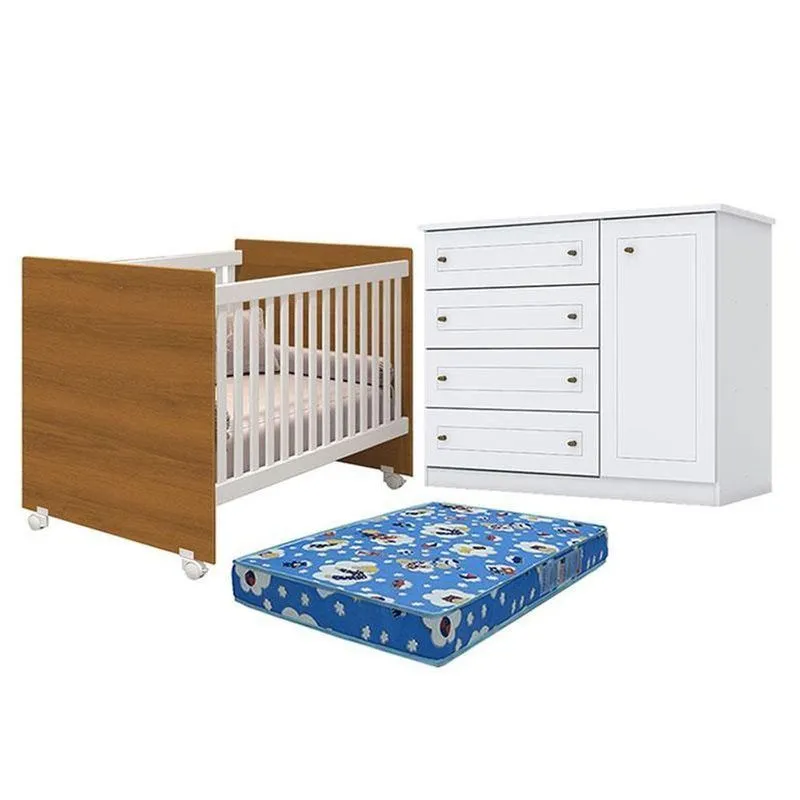 Berço Nacional Mel Branco Savana - Reller E Cômoda Infantil Americano Branco Hp E Colchão Ortobom - Henn