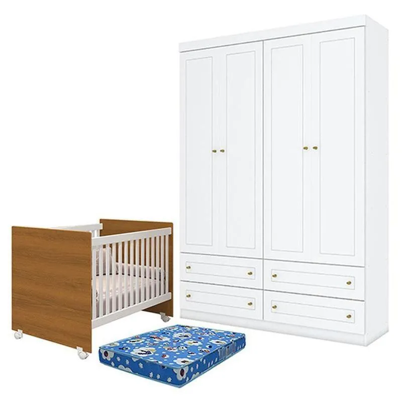 Berço Nacional Mel Branco Savana - Rellere Guarda Roupa Infantil Americano 4 Portas Branco Hp E Colchão Ortobom - Henn