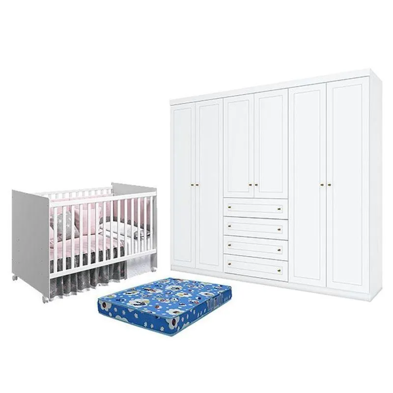 Berço Nacional Mel Branco Acetinado - Rellereguarda Roupa Casal Americano 6 Portas Branco Hp E Colchão Ortobom - Henn