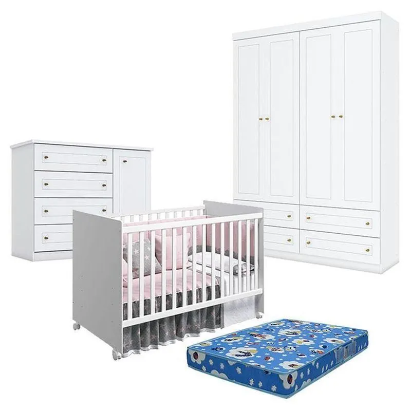 Quarto De Bebê Americano 4 Portas Com Berço Nacional Mel Branco Acetinado - Reller - Henn E Colchão Ortobom