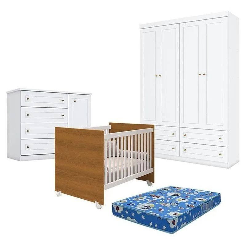 Quarto De Bebê Americano 4 Portas Com Berço Nacional Mel Branco Savana - Reller - Henn E Colchão Ortobom.