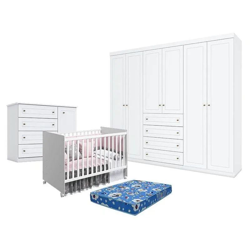 Quarto De Bebê Americano 6 Portas Comberço Nacional Mel Branco Acetinado - Reller- Henn E Colchão Ortobom