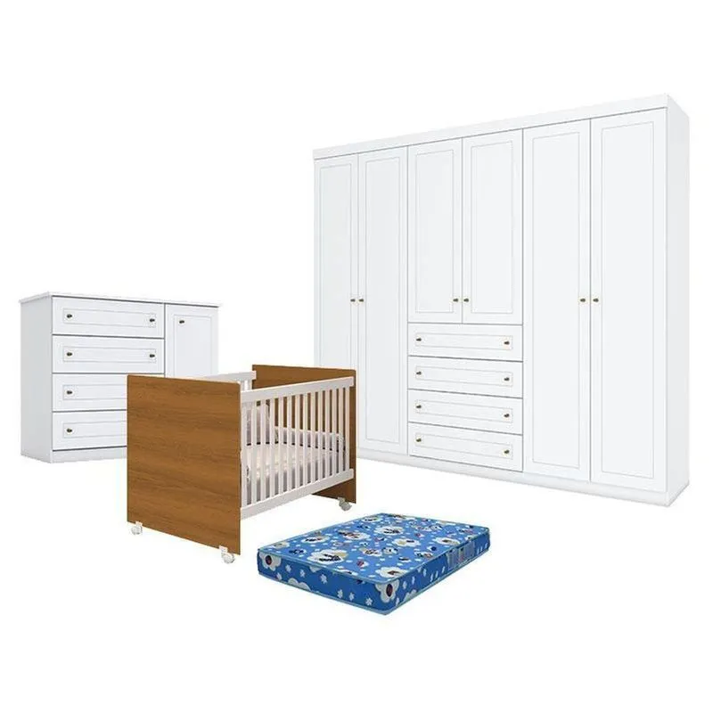 Quarto De Bebê Americano 6 Portas Com Berço Nacional Mel Branco Savana- Reller - Henn E Colchão Ortobom.