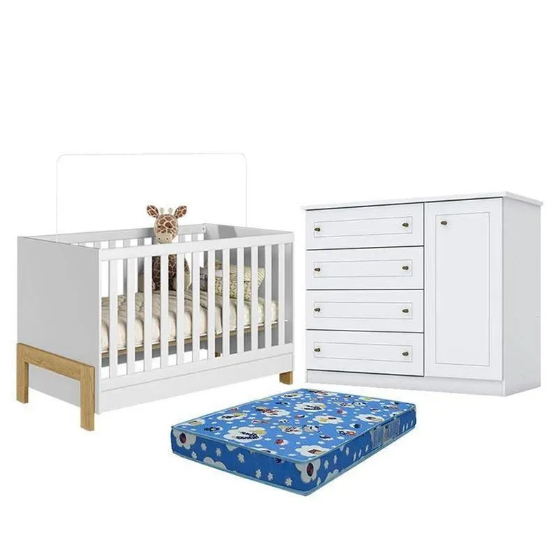 Kit Berço Americano Mini Cama Fantasia MDF Colchão Incluso Branco Qmovi