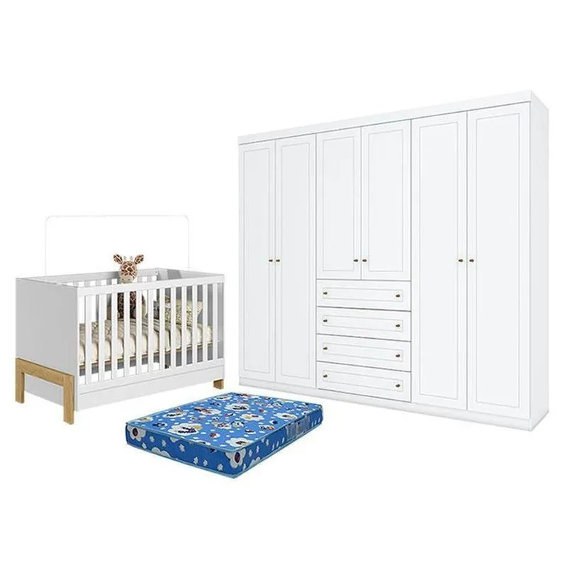 Kit Berço Mini Cama Fantasia 6 Portas 4 Gavetas Mdp-mdf Branco Qmovi