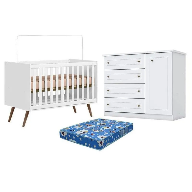 Kit Berço Americano Q Encanto 3820 Retrô Mdp Colchão Incluso Branco Qmovi