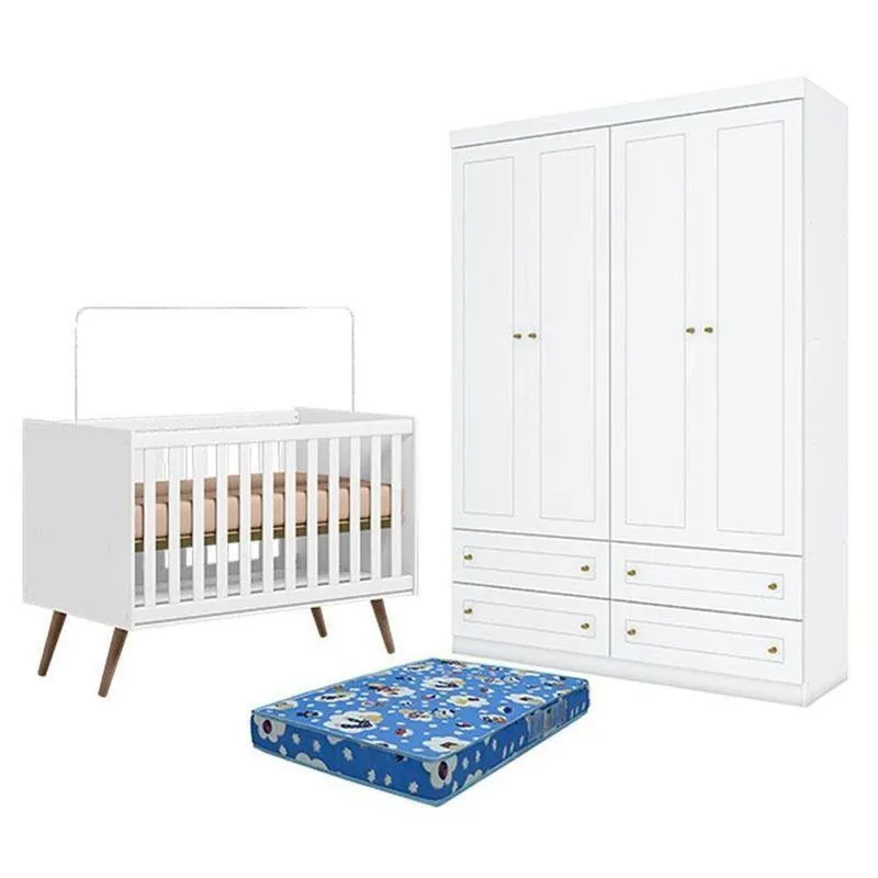 Kit Berço Guarda-roupa Q Encanto 3820 4 Portas 4 Gavetas MDF Branco Qmovi