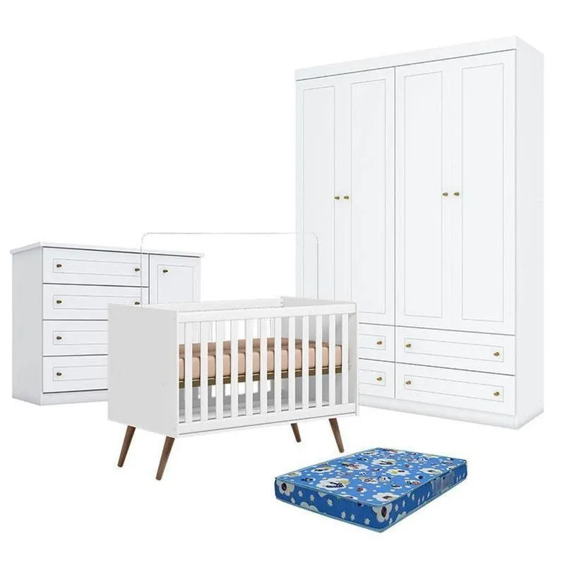 Kit Quarto Bebê Berço Americano Q Encanto 3820 Mdp Colchão Incluso Branco Acetinado Qmovi