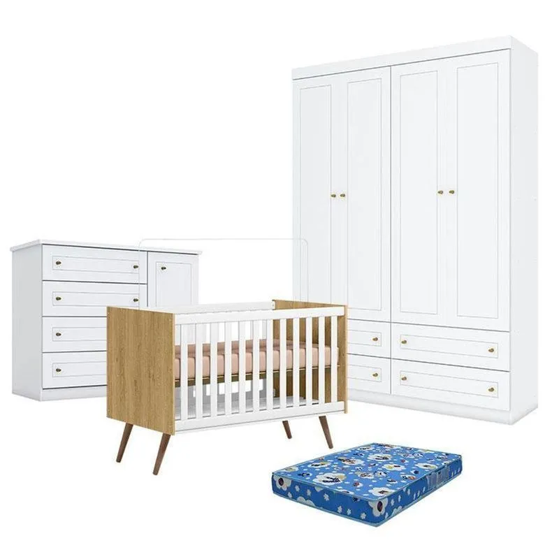 Kit Quarto De Bebê 4 Portas Q Encanto 3820 Retrô Mdf Colchão Incluso Qmovi