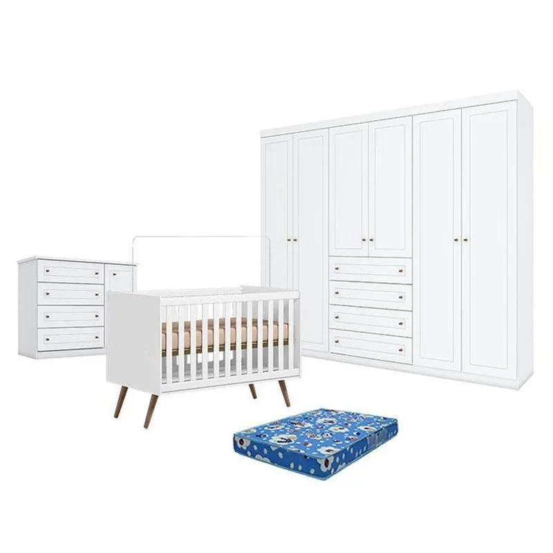Kit Quarto De Bebê Com Berço Americano Q Encanto 3820 Mdf Colchão Incluso Branco Qmovi