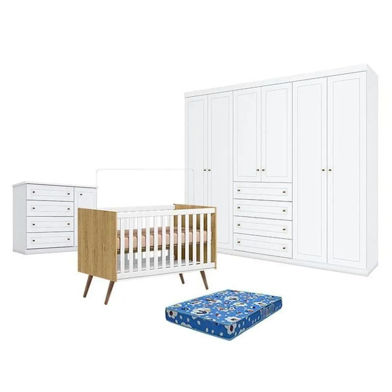 Kit Quarto De Bebê 6 Portas Q Encanto 3820 Mdf Colchão Incluso Branco Qmovi