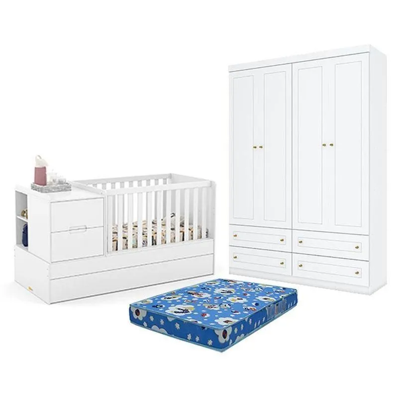 Kit Berço Multifuncional Formare Branco Acetinado MDF Colchão Incluso Matic Móveis