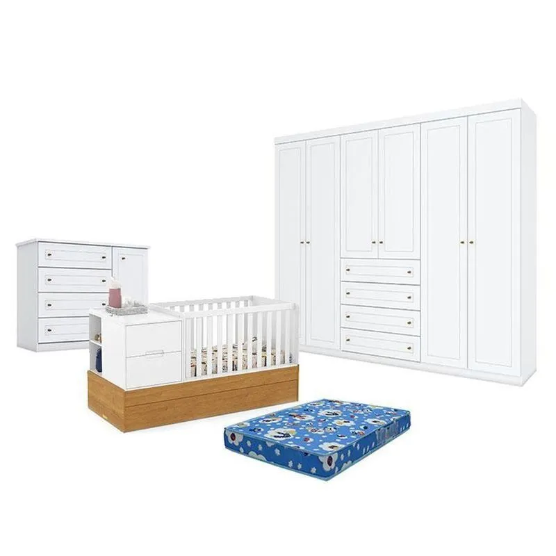 Quarto De Bebê Americano 6 Portas Comberço Americano Multifuncional Formare Branco Freijó - Matic E Colchão Ortobom